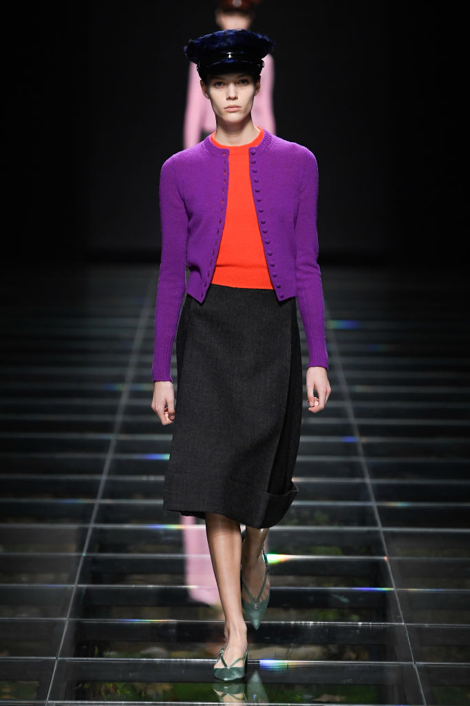 Model on the runway at Prada RTW Fall 2024 as part of Milan Ready to Wear Fashion Week held on February 22, 2024 in Milan, Italy. (Photo by Giovanni Giannoni/WWD via Getty Images)