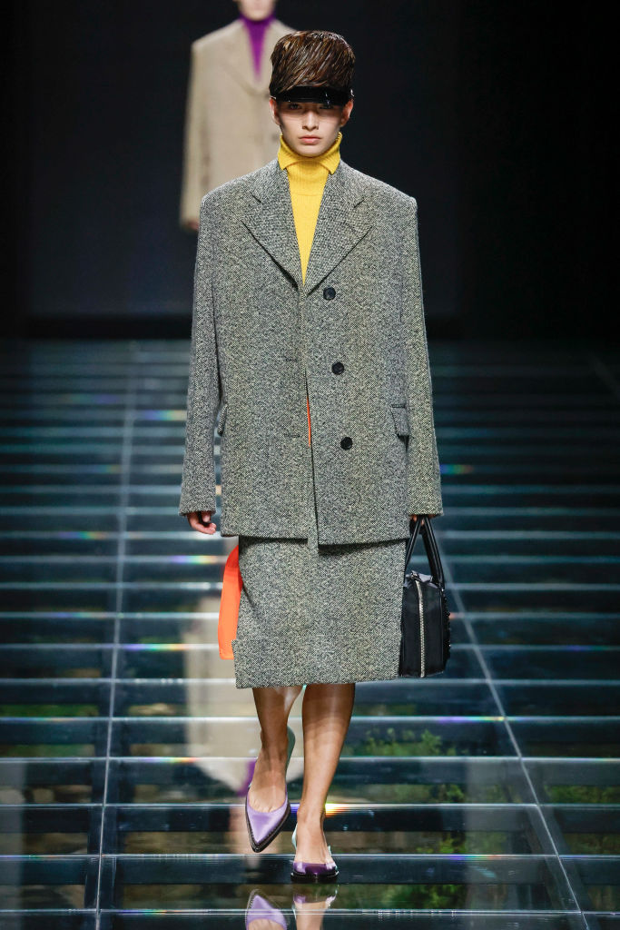 MILAN, ITALY - FEBRUARY 22: A model walks the runway during the Prada Ready to Wear Fall/Winter 2024-2025 fashion show as part of the Milan Fashion Week on February 22, 2024 in Milan, Italy. (Photo by Victor VIRGILE/Gamma-Rapho via Getty Images)