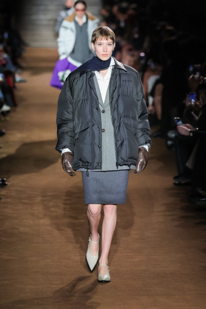 PARIS, FRANCE - MARCH 05: (EDITORIAL USE ONLY - For Non-Editorial use please seek approval from Fashion House) A model walks the runway during the Miu Miu Womenswear Fall/Winter 2024-2025 show as part of Paris Fashion Week on March 05, 2024 in Paris, France. (Photo by Victor Boyko/Getty Images)