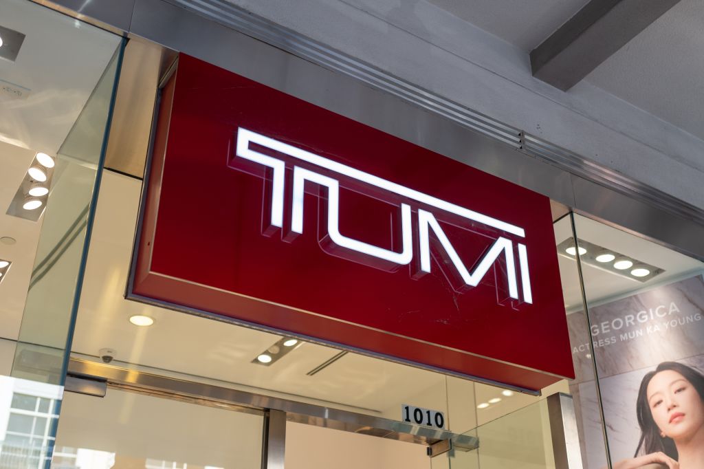 Close-up of Tumi store sign at Santana Row, San Jose, California, August 3, 2024. (Photo by Smith Collection/Gado/Getty Images)