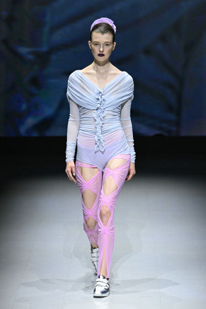 TOKYO, JAPAN - SEPTEMBER 03: A model walks the runway during the FETICO show Rakuten Tokyo Fashion Week S/S 2025 at Star Rise Tower on September 03, 2024 in Tokyo, Japan. (Photo by Koji Hirano/Getty Images)