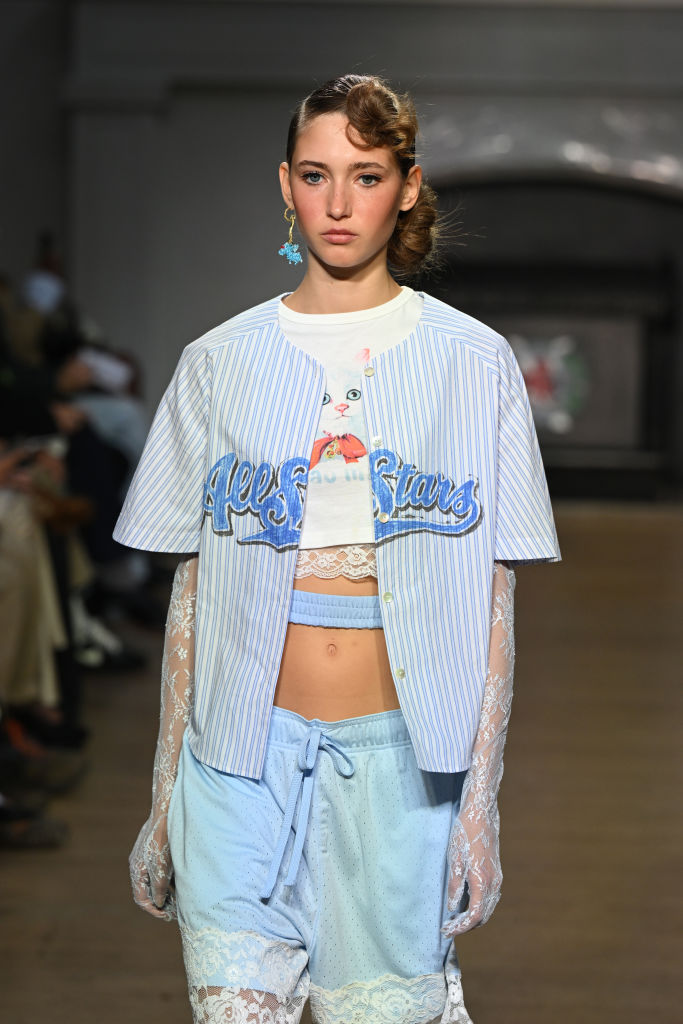 LONDON, ENGLAND - SEPTEMBER 13: A model walks the runway at the Yuhan Wang show during London Fashion Week September 2024 at  on September 13, 2024 in London, England. (Photo by Jeff Spicer/Getty Images)