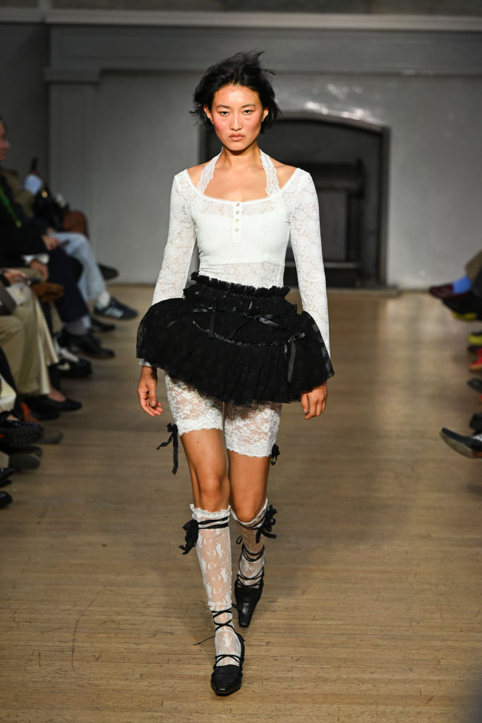 LONDON, ENGLAND - SEPTEMBER 13: A model walks the runway at the Yuhan Wang show during London Fashion Week September 2024 at  on September 13, 2024 in London, England. (Photo by Jeff Spicer/Getty Images)