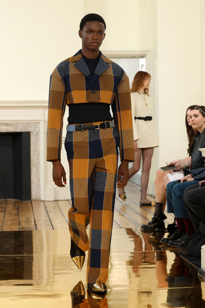 LONDON, ENGLAND - SEPTEMBER 16: A model walks the runway at the Toga show during London Fashion Week September 2024 at Somerset House on September 16, 2024 in London, England. (Photo by Lia Toby/Getty Images)