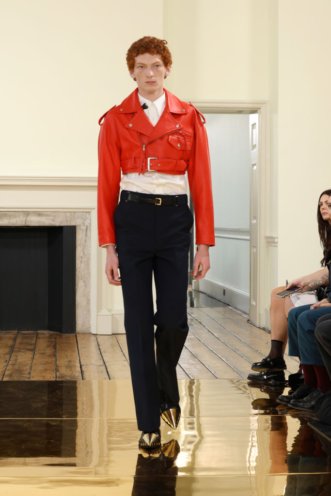 LONDON, ENGLAND - SEPTEMBER 16: A model walks the runway at the Toga show during London Fashion Week September 2024 at Somerset House on September 16, 2024 in London, England. (Photo by Lia Toby/Getty Images)