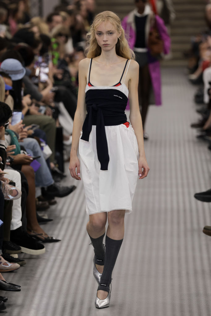 PARIS, FRANCE - OCTOBER 01: A model walks the runway during the Miu Miu Ready to Wear Spring/Summer 2025 fashion show as part of the Paris Fashion Week on October 01, 2024 in Paris, France. (Photo by Victor VIRGILE/Gamma-Rapho via Getty Images)