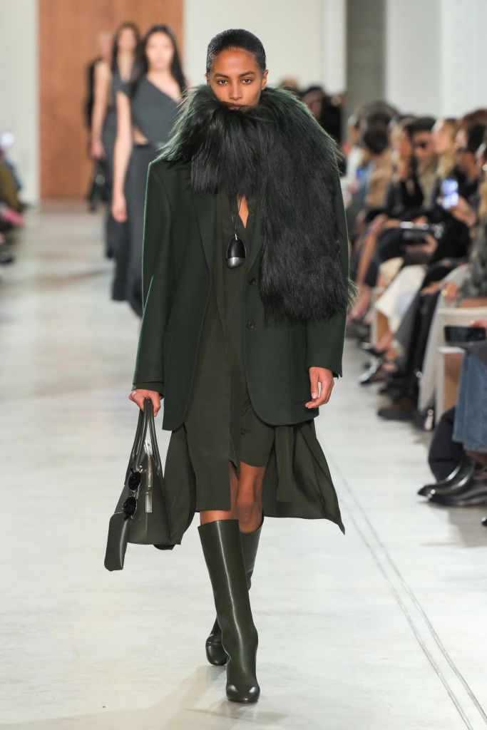 Model on the runway at the Michael Kors Fall RTW 2025 fashion show as part of New York Fashion Week held at the Terminal Warehouse on February 11, 2025 in New York, New York. (Photo by Giovanni Giannoni/WWD via Getty Images)